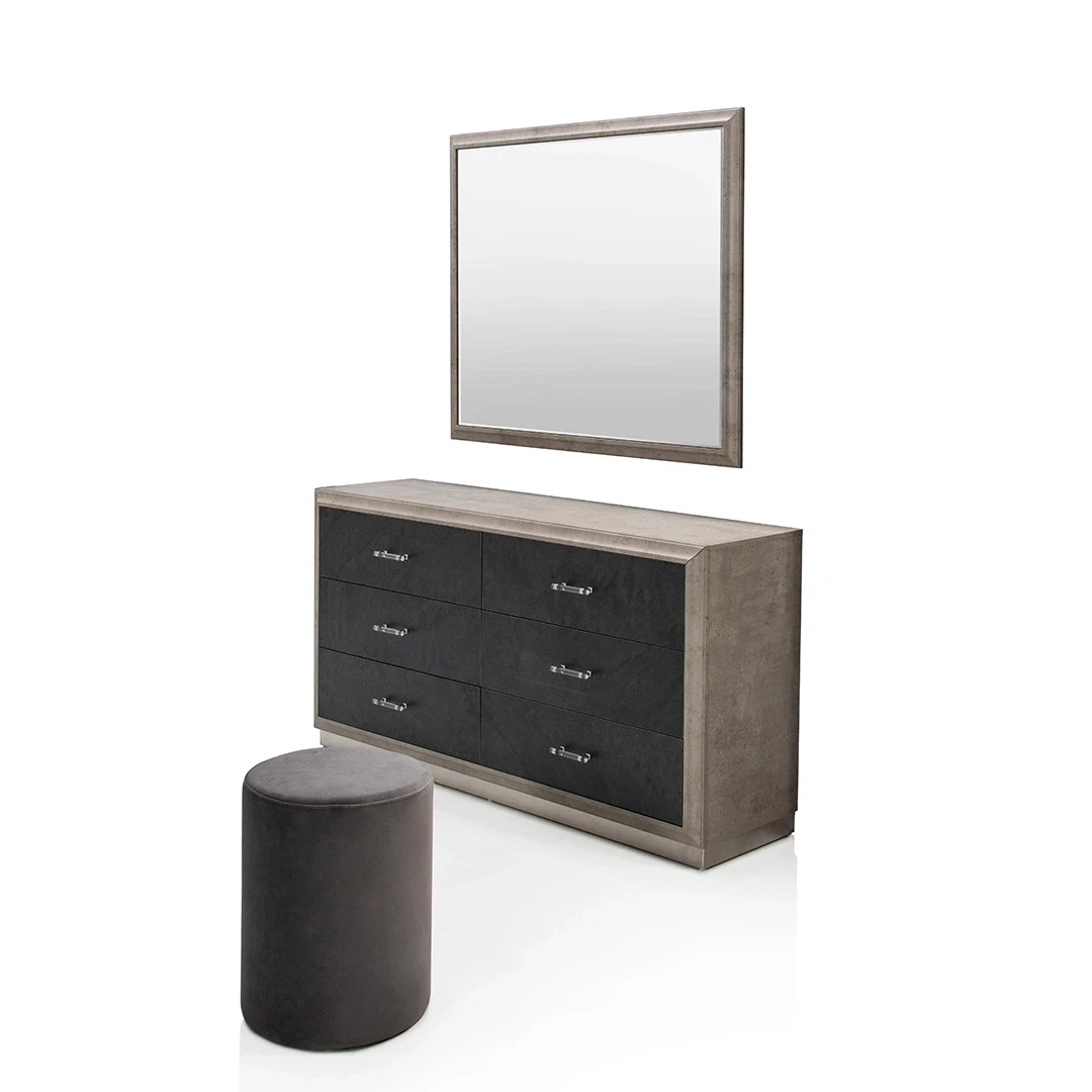 FLORENTINE WOODEN DRESSER + OTTOMAN + MIRROR GREY