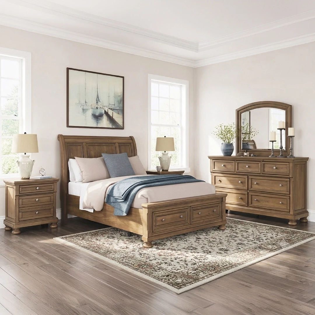VANDENMORE WOODEN BEDROOM SET WITHOUT WARDROBE KING SIZE (180 X 200 CM) - LIGHT BROWN