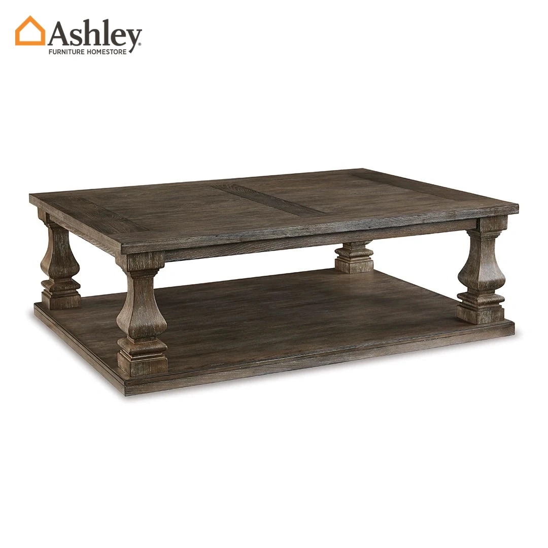 طاولة قهوة جونيل تصميم انتقالي بلون رصاصي وأرجل مربعة مع رف سفلي واسع.