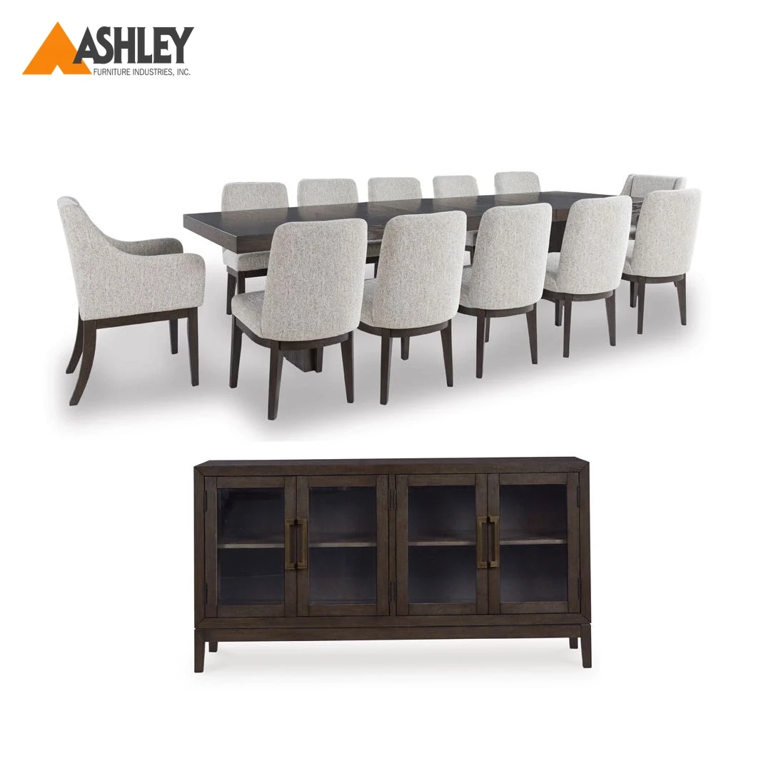 BURKHAUS DINING TABLE SET 12 CHAIRS + BUFFET - BROWN