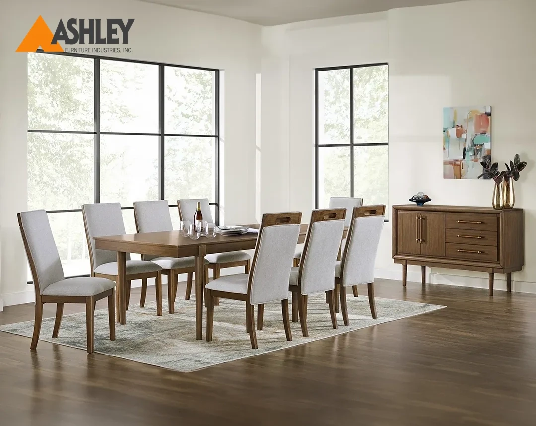 LYNCOTT DINING TABLE SET 8 CHAIRS MADE FROM WOOD,ENGINEERED WOOD,FABRIC