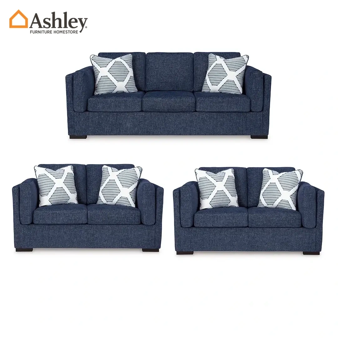 طقم كنب إيفانسلي 3 قطع باللون الأزرق مع تصميم انتقالي للمساحات الكبيرة