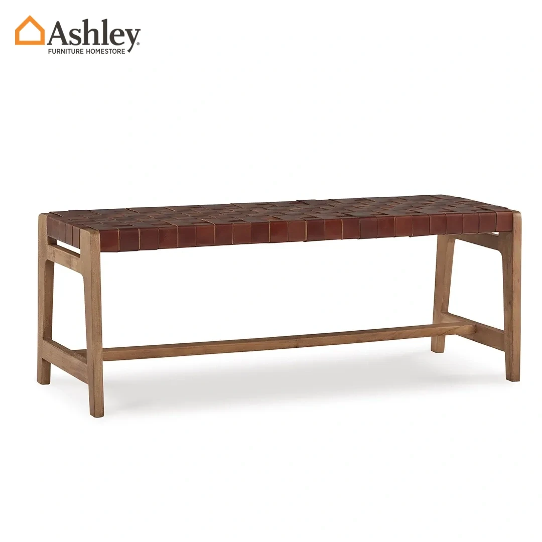 بنش ليموند مستطيل بتصميم انتقالي مع مقعد جلدي بني وأرجل خشبية قوية