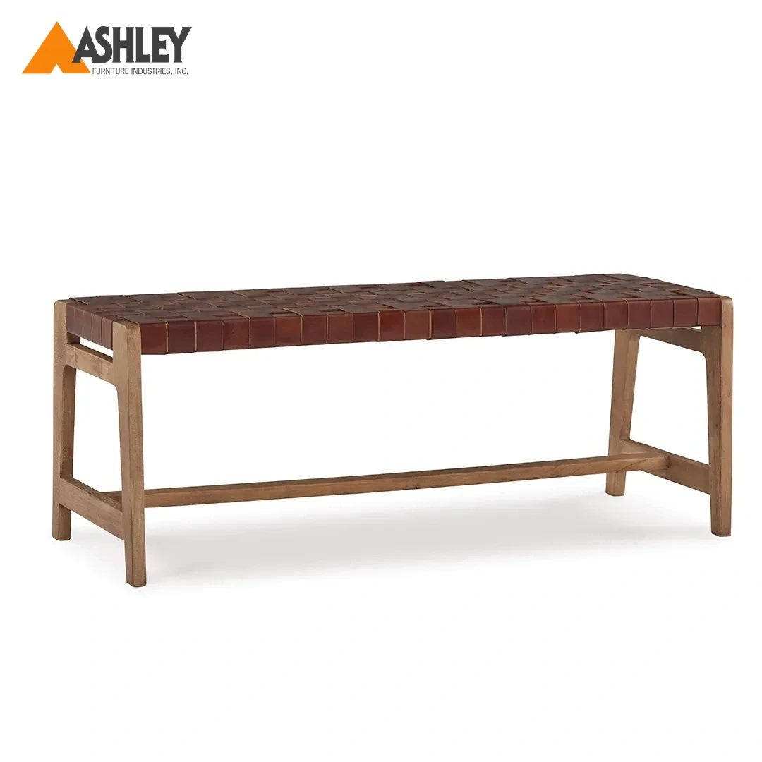 بنش ليموند مستطيل بتصميم انتقالي مع مقعد جلدي بني وأرجل خشبية قوية