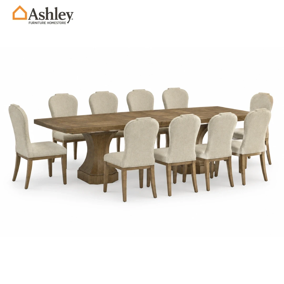 JORLAINA TIVOLY DINING TABLE SET 10 CHAIRS - BROWN
