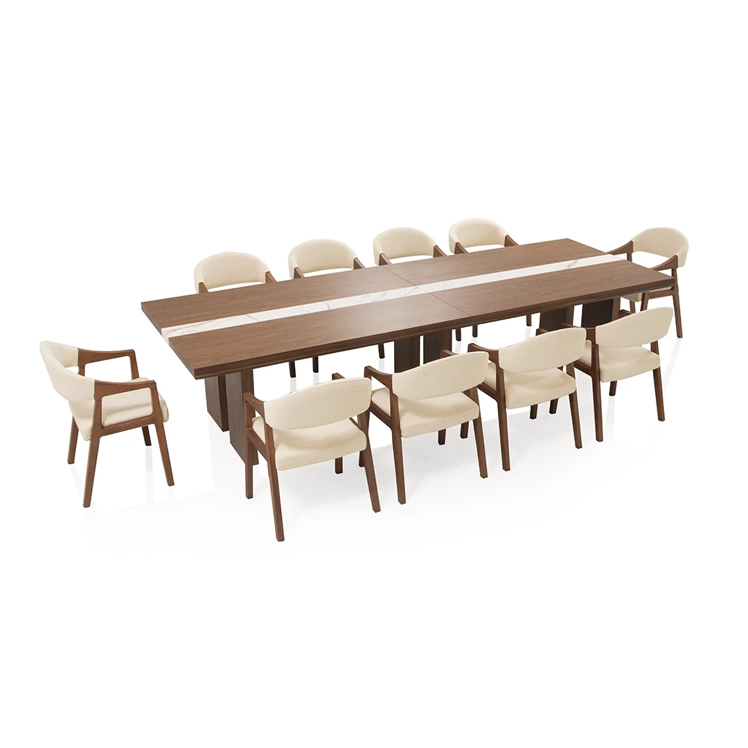 TIVOLY DINING TABLE SET 10 CHAIRS WITH ARMS - BROWN